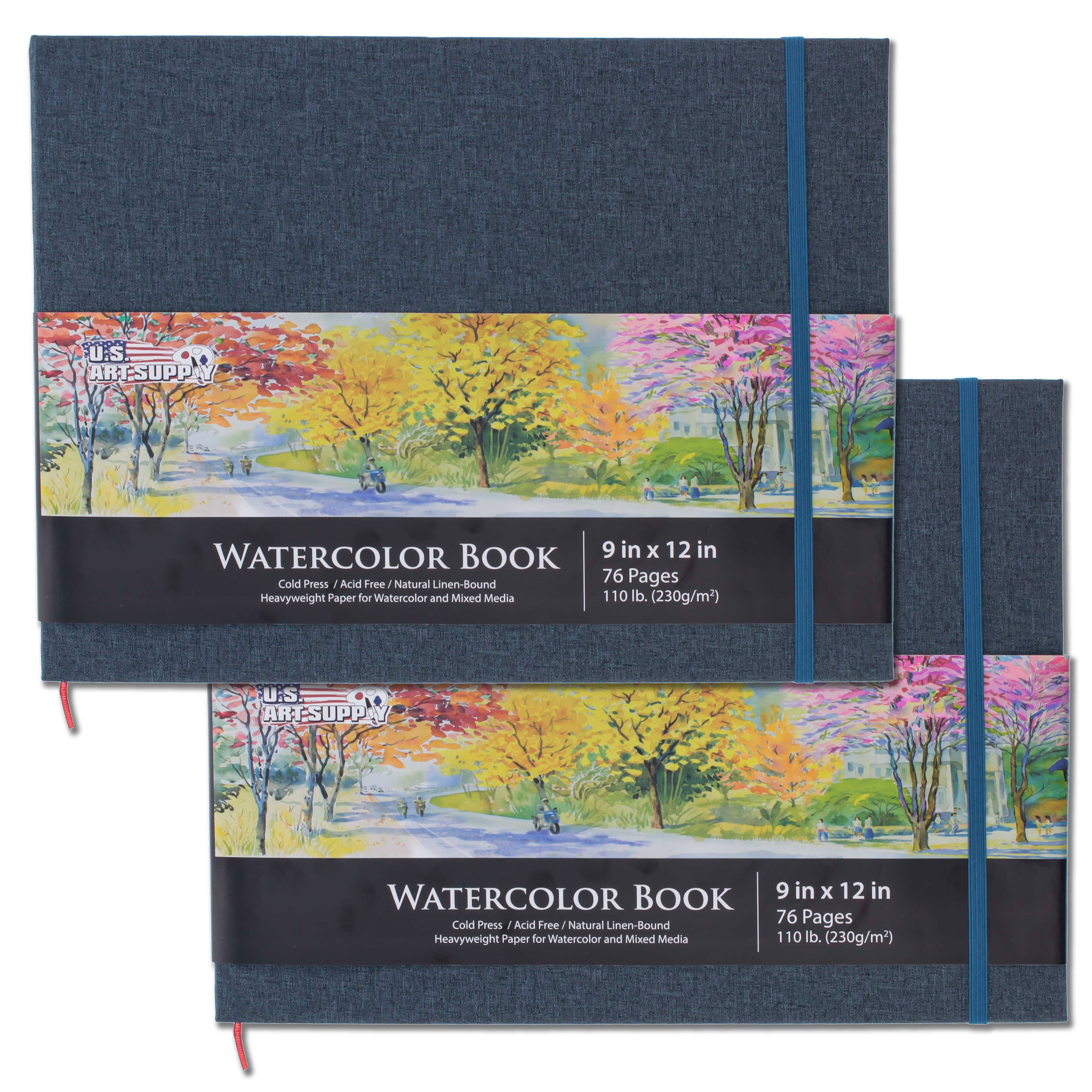 U.S. Art Supply 9" x 12" Watercolor Book, 2 Pack, 76 Sheets, 110 lb (230 GSM) - Linen-Bound Hardcover Artists Paper Pads - Acid-free, Cold-Pressed, BR