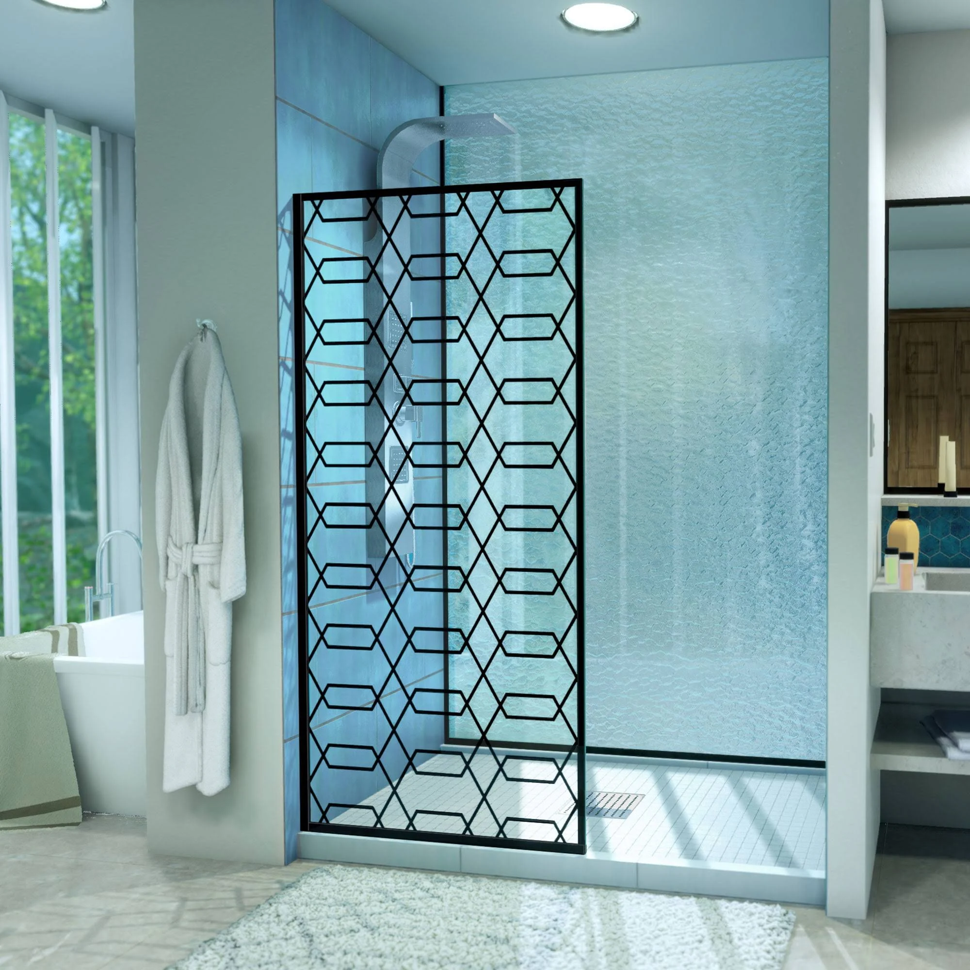 DreamLine Linea Maze 34 in. W x 72 in. H Single Panel Frameless Shower Door Open