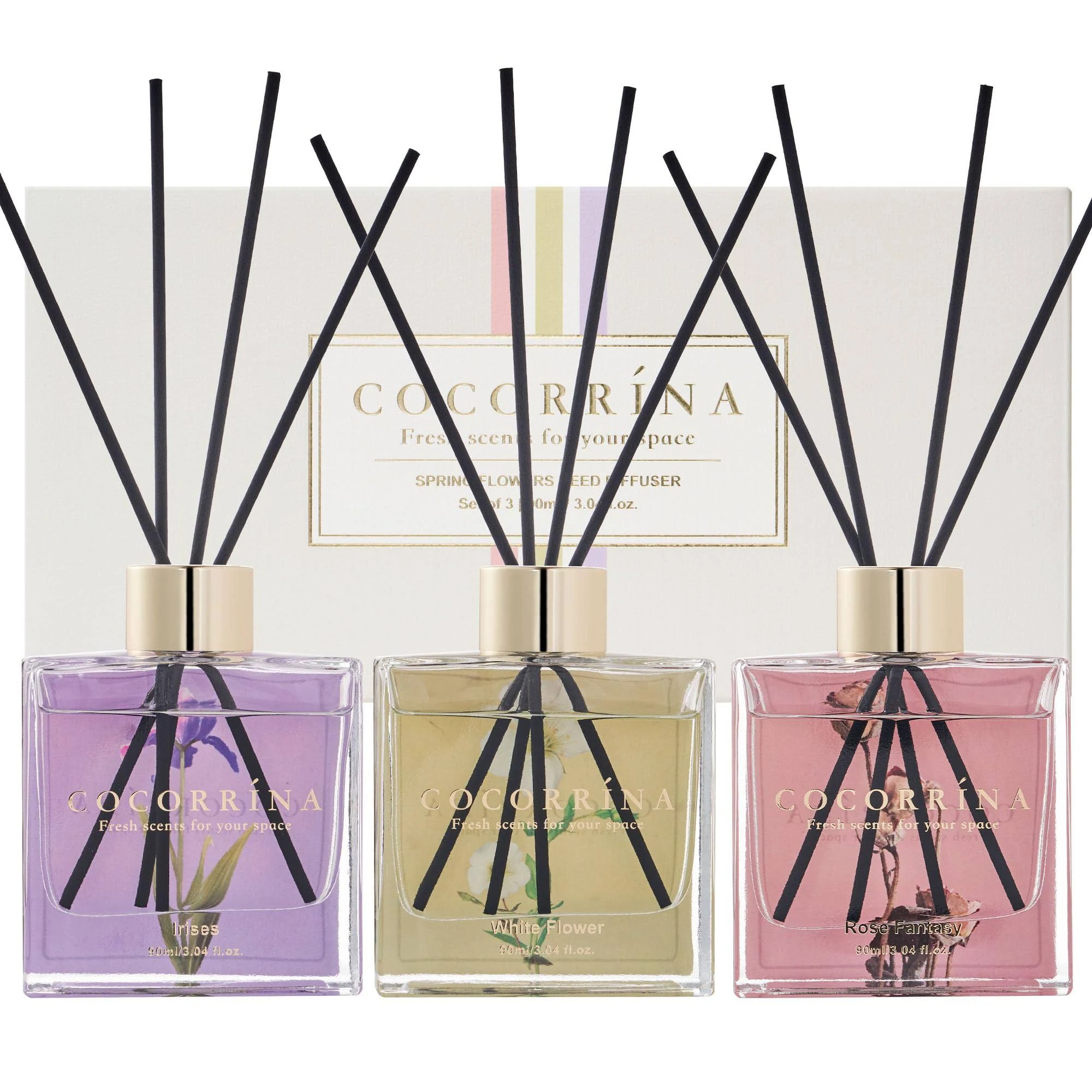 COCORRÍNA Reed Diffuser Set of 3x 3.04 Fl oz White Flower/ Irises/ Rose Fantasy