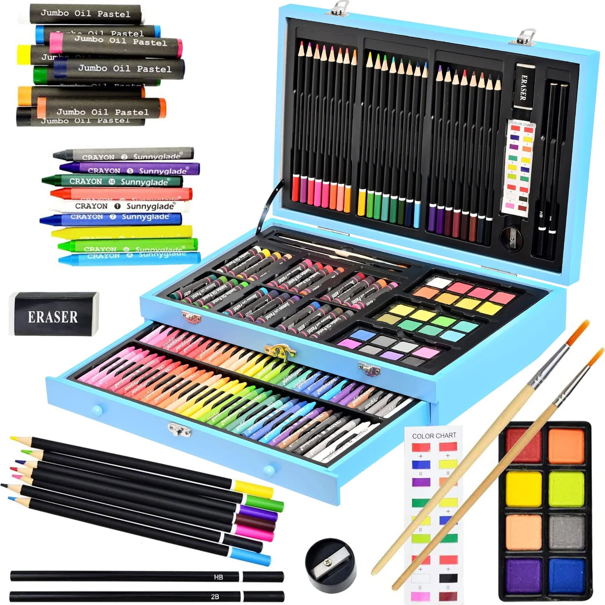 Sunnyglade 145 Piece Deluxe Art Set, Wooden Art Box & Drawing Kit with Crayons, Oil Pastels, Colored Pencils, Watercolor Cakes, Sketch Pencils, Paint Brush, Sharpener, Eraser, Color Chart (Blue)