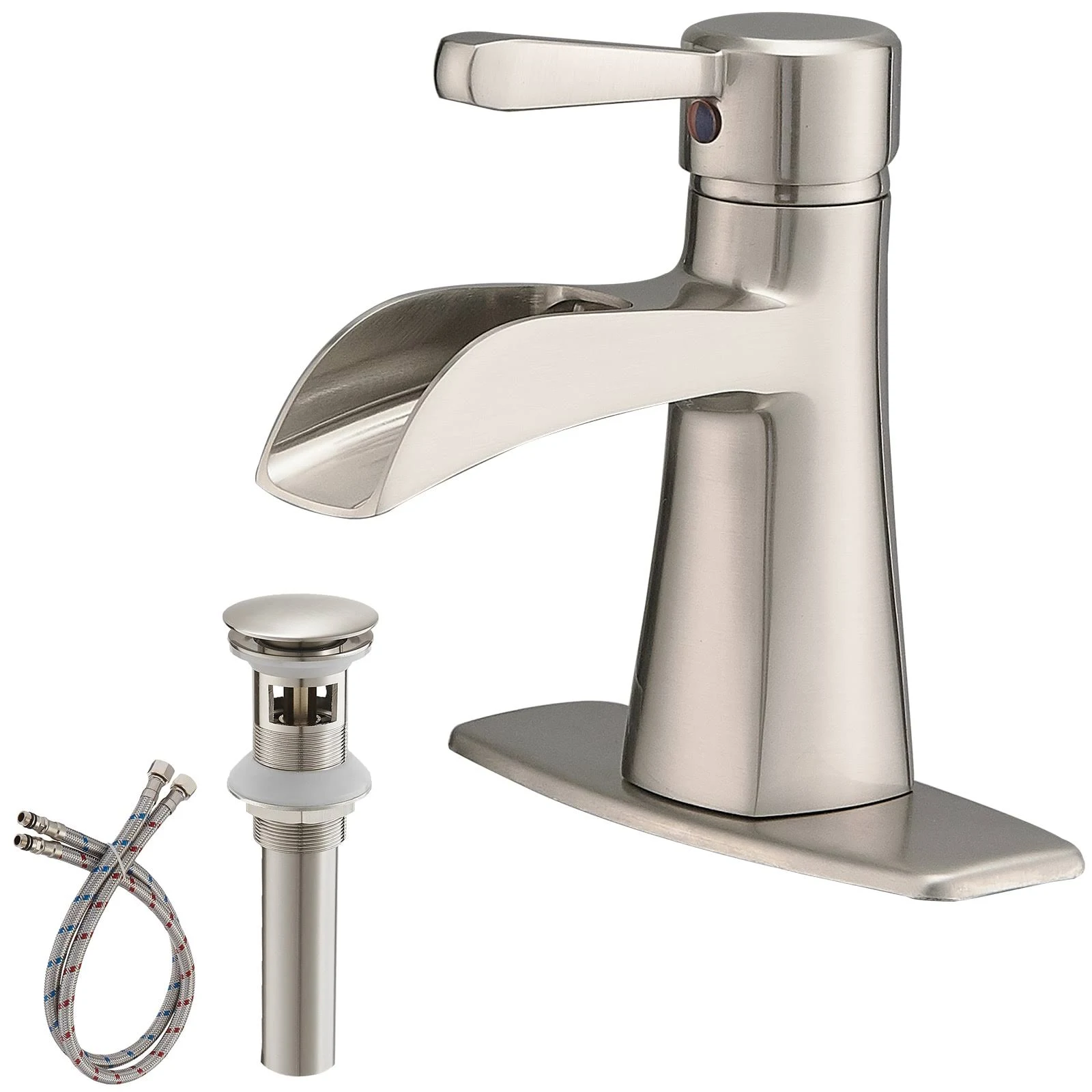 BWE Waterfall Bathroom Faucet Brushed Nickel Single Hole Faucet for Bathroom Sink with Pop Up Drain Assembly and Water Faucet Supply Lines 1 Hole or 3 Hole Rv Lavatory Faucet