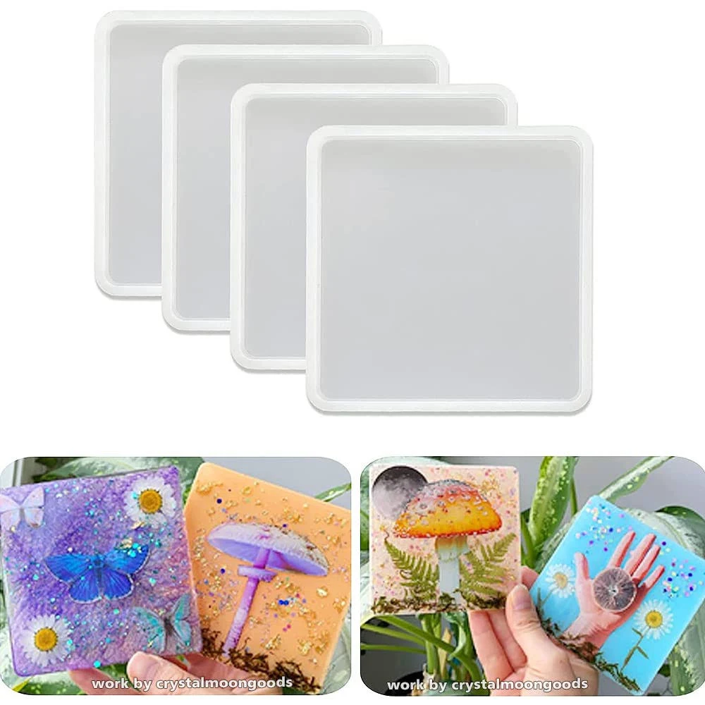 RESINWORLD 4 Pack 4 inches Square Coaster Molds, Shiny Coaster Silicone Mold for Resin, Geode Aagte Coaster Resin Molds