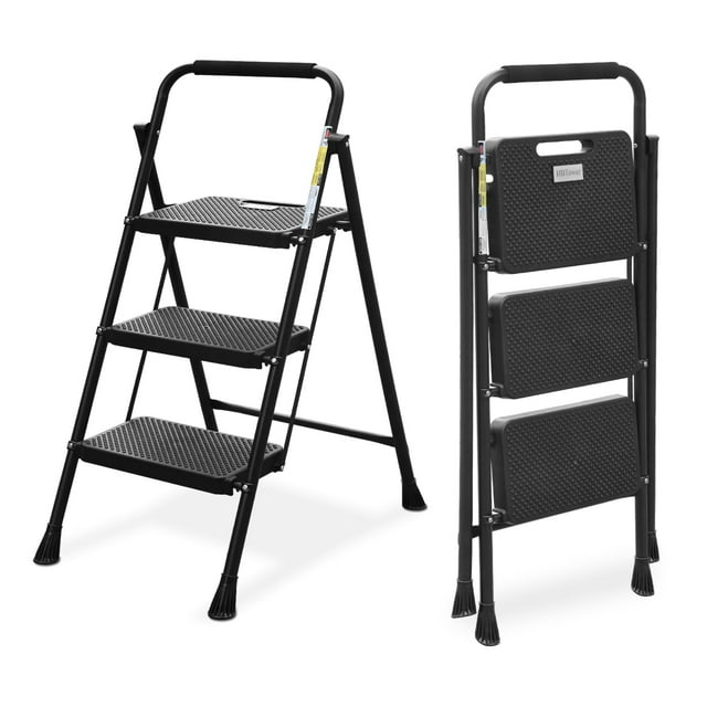 HBTower 3 Step Ladder, Folding Step Stool with Wide Anti-Slip Pedal, 500 lbs Sturdy Steel Ladder, Convenient Handgrip, Lightweight, Portable, Green and Black