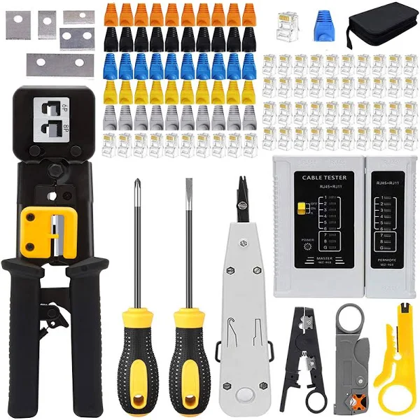 LEATBUY CAT5 Crimper Cat6 Crimp Tool Kit RJ45 Crimping Tool Set, 50pcs Pass Through Connectors, 50pcs Covers, Network LAN for Ethernet Cable Tester,