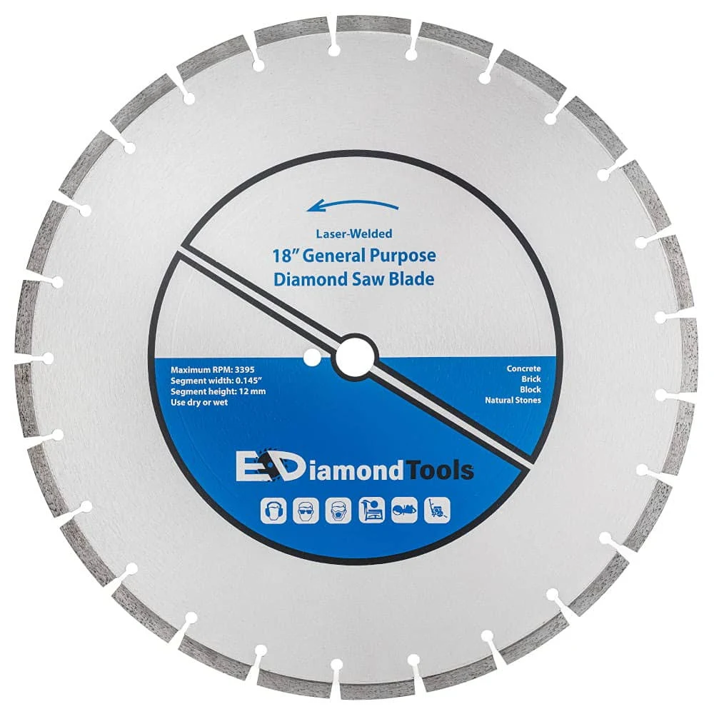 18" Laser Welded Diamond Saw Blade for Concrete, Brick, Block and Masonry, Heat Treated Blade Core, Dry or Wet, 1" Arbor