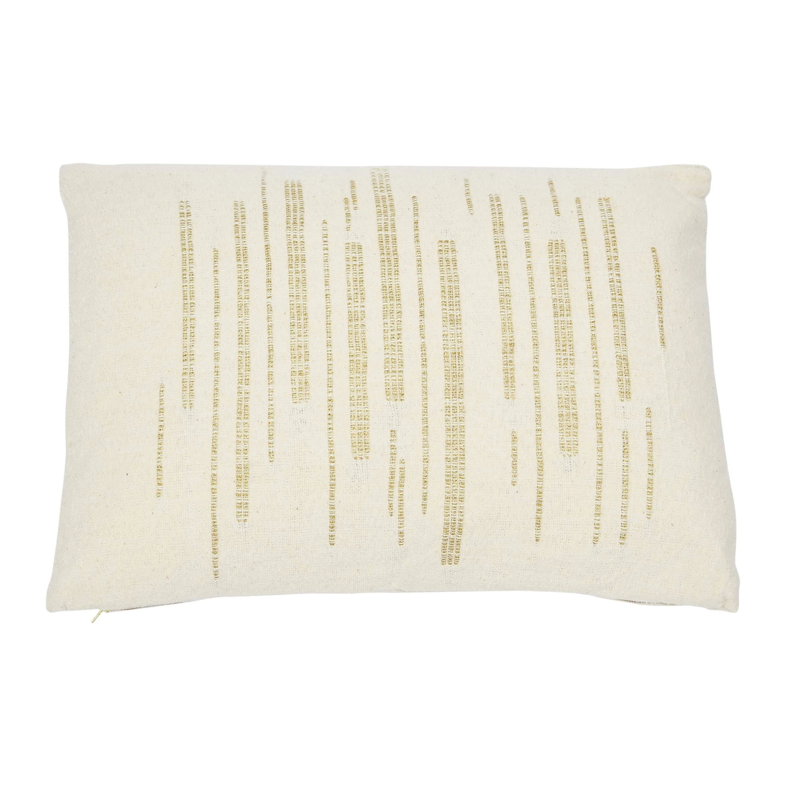 Cream Cotton Slub Lumbar Pillow with Gold Embroidery