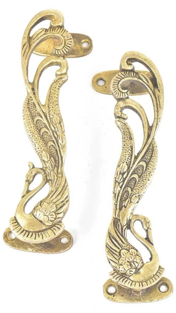 Indian Shelf 1 Pair Peacock Decorative Door Handles Interior Vintage Door Pulls Antique Brass Cabinet Pulls Unique Gold Cabinet Handles- 7.4"