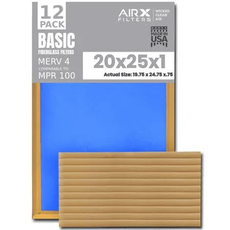 20x25x1 Air Filter Comparable to MPR 100 Basic Economy Furnace Filters, 12 Pack ...