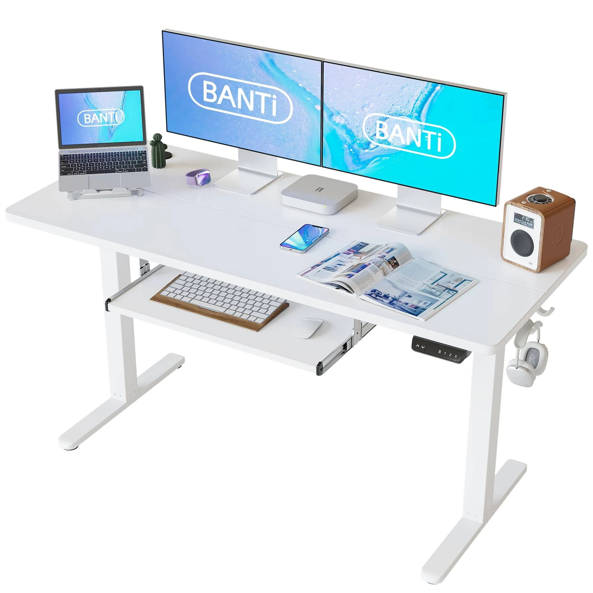 BANTI 55" x 24" Height Adjustable Electric Standing Desk with Keyboard Tray, Sit Stand up Desk with Splice Board, White Frame/White Top