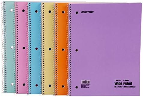 Mintra Office - (04692) Spiral Notebooks Pastel Wide Ruled 6 Pack (70 Sheets), Multicolor