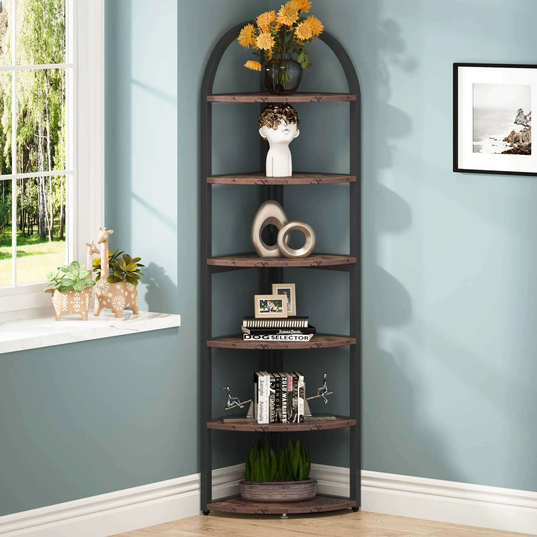 Tribesigns Brown Metal 6-Shelf Corner Bookcase