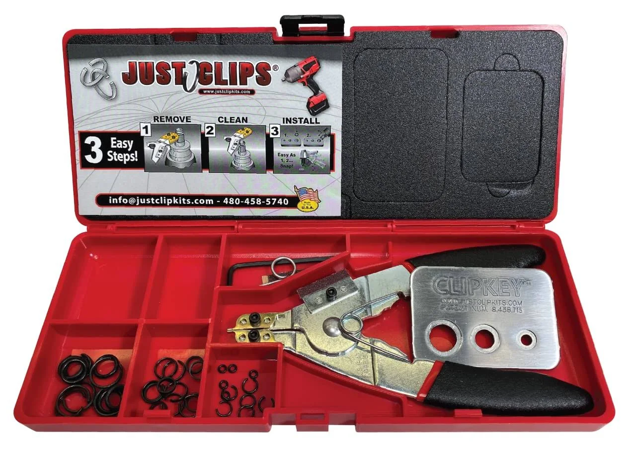 Snap Ring Tool Kit with clips and o-rings, snap ring pliers and the All-New Patented ClipKey. The only Installation Tool that works with 1/4", 3/8" & 1/2" Snap Rings.