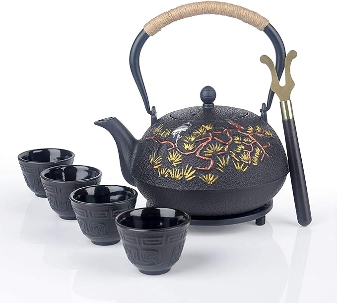 7 Pieces Japanese Cast Iron Teapot Cup Set Tea Kettle with Infuser and Trivet...