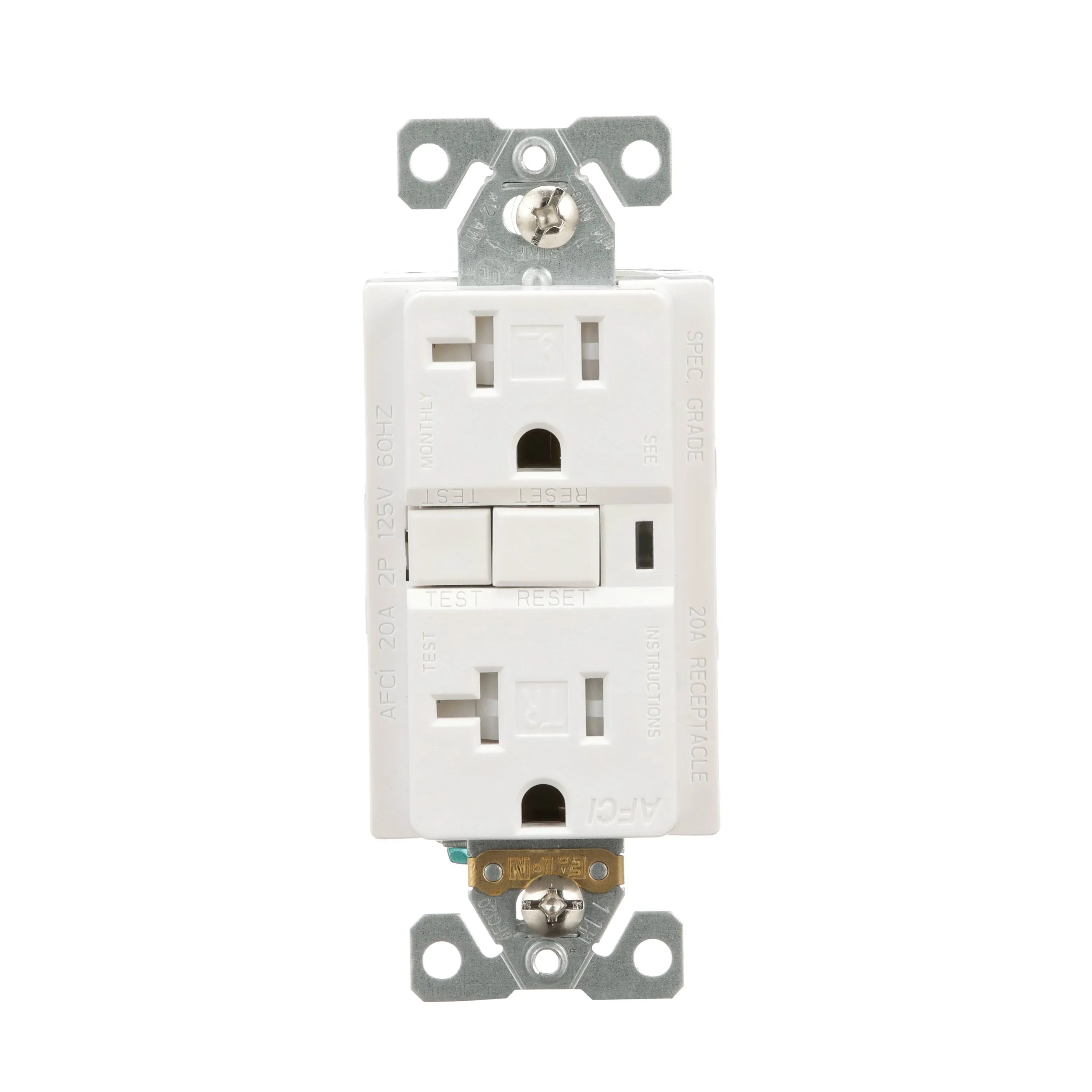 Eaton Wiring Devices TRAFCI20W AFCI Receptacle, 2 -Pole, 20 A, 125 V, Back, Side Wiring, NEMA: 5-20R, White