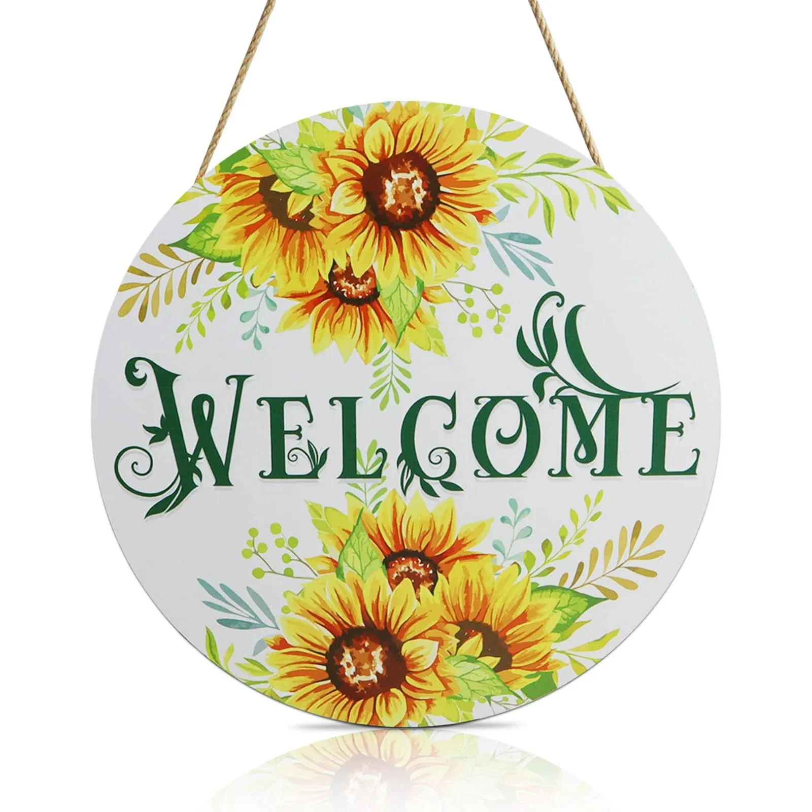 Round Wooden Welcome Sign Front Door, Welcome Sign for Front Porch Hanging Summer, Porch Decorations Outdoor Farmhouse Door, Rustic Sunflower Welcome Sign for Home Holiday Housewarming (A)