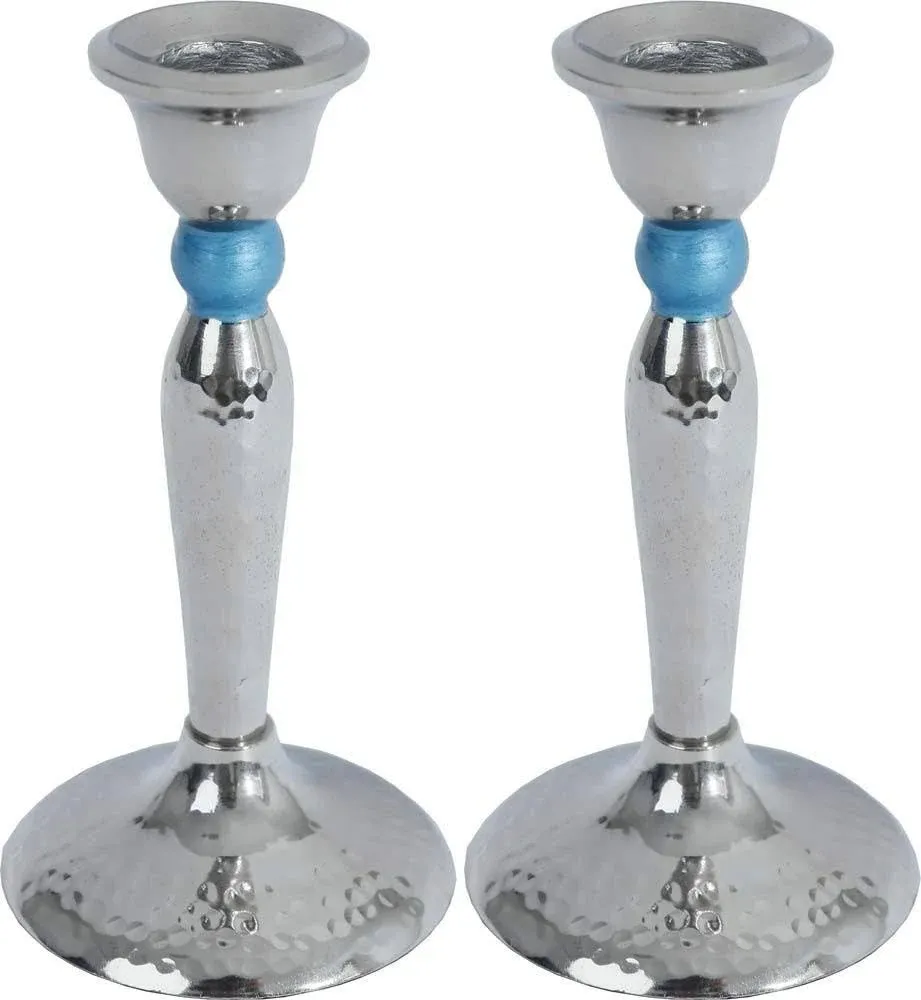 Silver Tone Taper Candle Holders Set of 2 Shabbat Candlesticks 5 Inch Tall Blue Enamel Hammered Design Judaica Gift