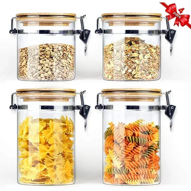 Borosilicate Glass Storage Jars with Airtight Locking Clamp Lids 2 Sets 18oz, 2 Sets 30oz, Airtight Glass Canisters with Locking Lids, Glass Storage