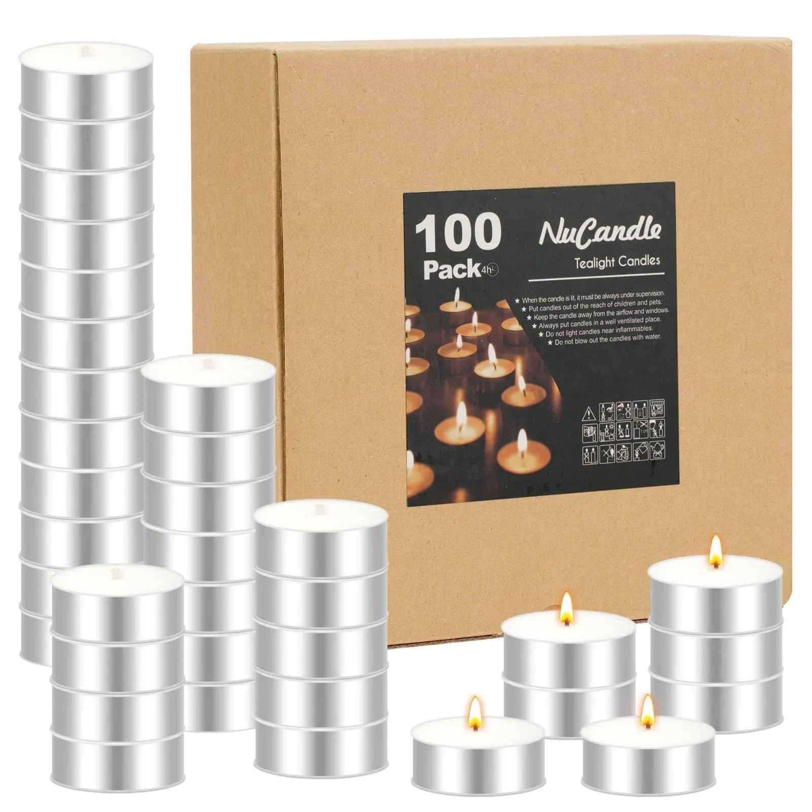 NuCandle Tea Lights Candles 100 Pack Unscented Tealight Candles Bulk for Wedding Christmas Home Decorative Outdoor Mini White TE