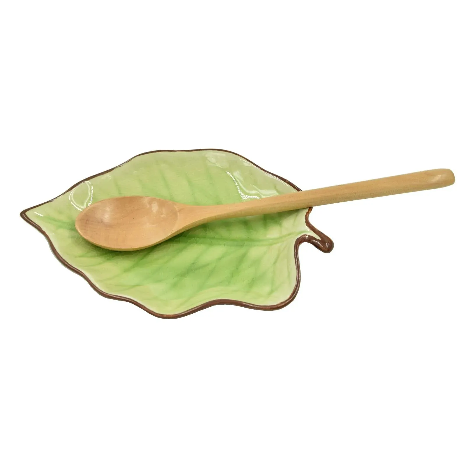 Spoon rest Ceramic Spoon Holder for Stove Top Kitchen Counter with Wooden Spoon, Leaf Shaped, 5.1W X 7.5L