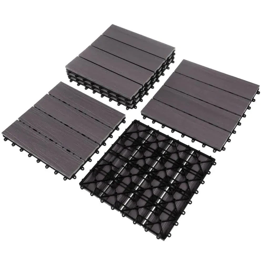 6 Sets Gray Woodgrain Interlocking Patio Floor Tiles 11.63In Composite