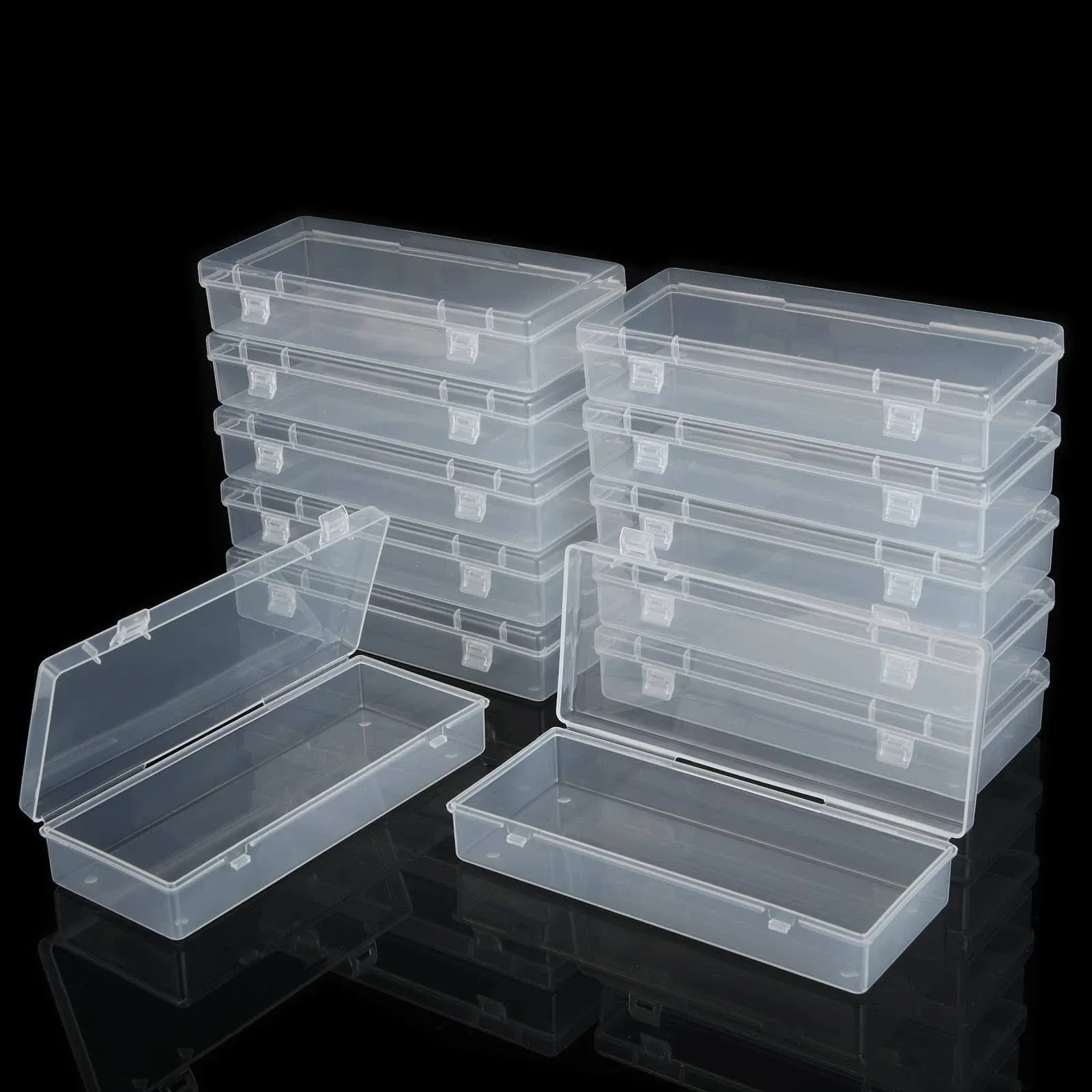 ZIQI 12 Pack Plastic Small Storage Containers Box, Clear Rectangular Case with Hinged Lids, Hi-Q Boxes for Tools, Accessories, Craft Supplies, Nail Decals, Jewelry - 6.1 x 2.36 1.18 Inch