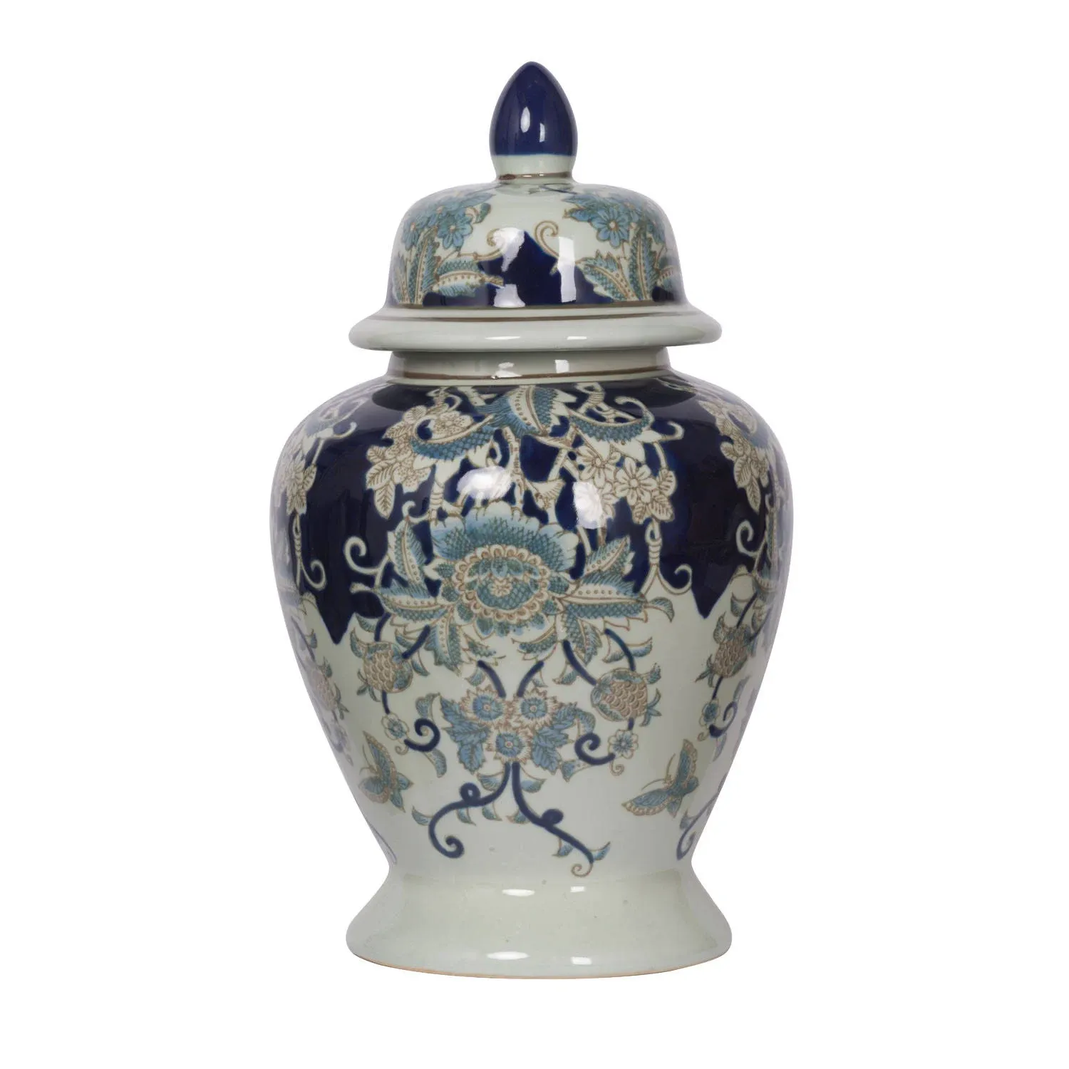 T2 Concept D10 x16.5 Oriental Blue and White 100% Porcelain Lidded Ginger Jar Vase for Floral Decoration Centerpiece Living Dining Room