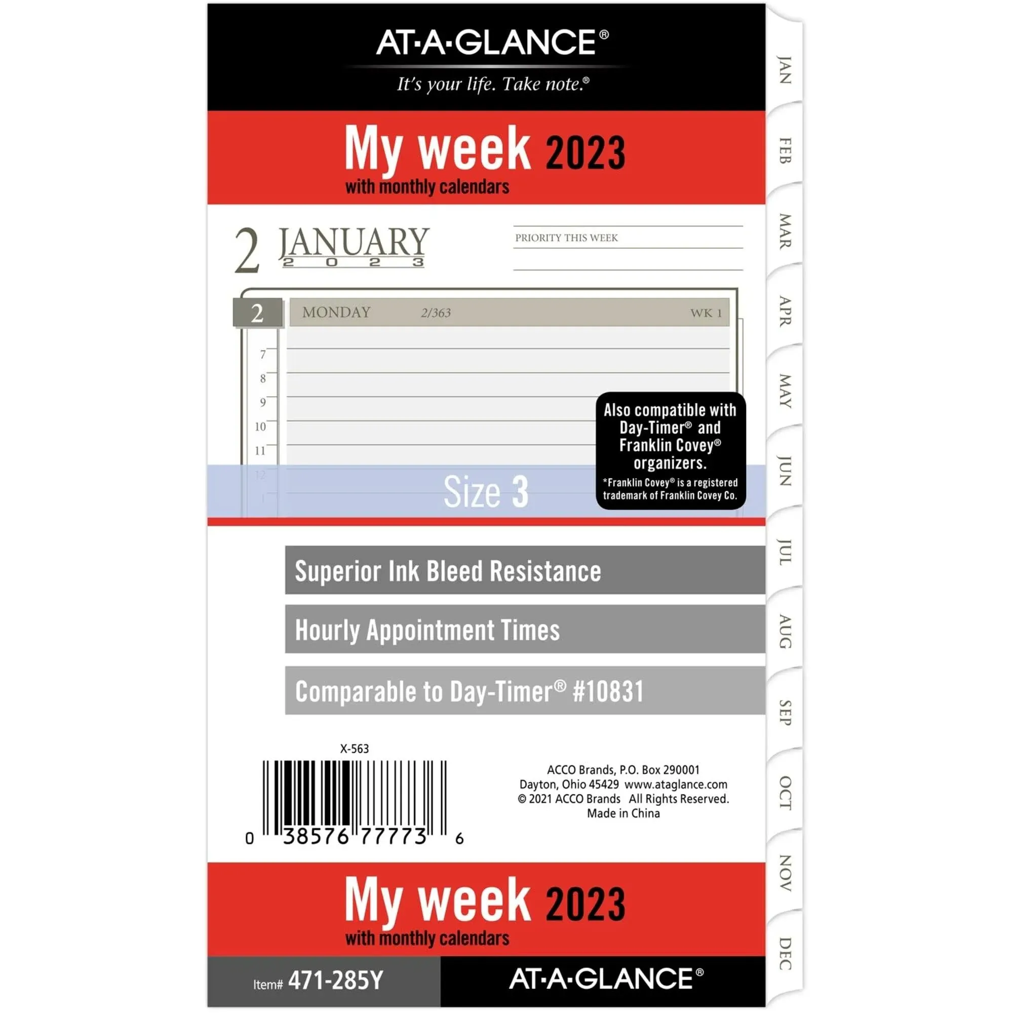 AT-A-GLANCE 2023 Weekly & Monthly Planner Refill, Hourly, 10831 DAY-TIMER, 3-3/4" x 6-3/4", Size 3, Portable Size, Loose Leaf (471-285Y)