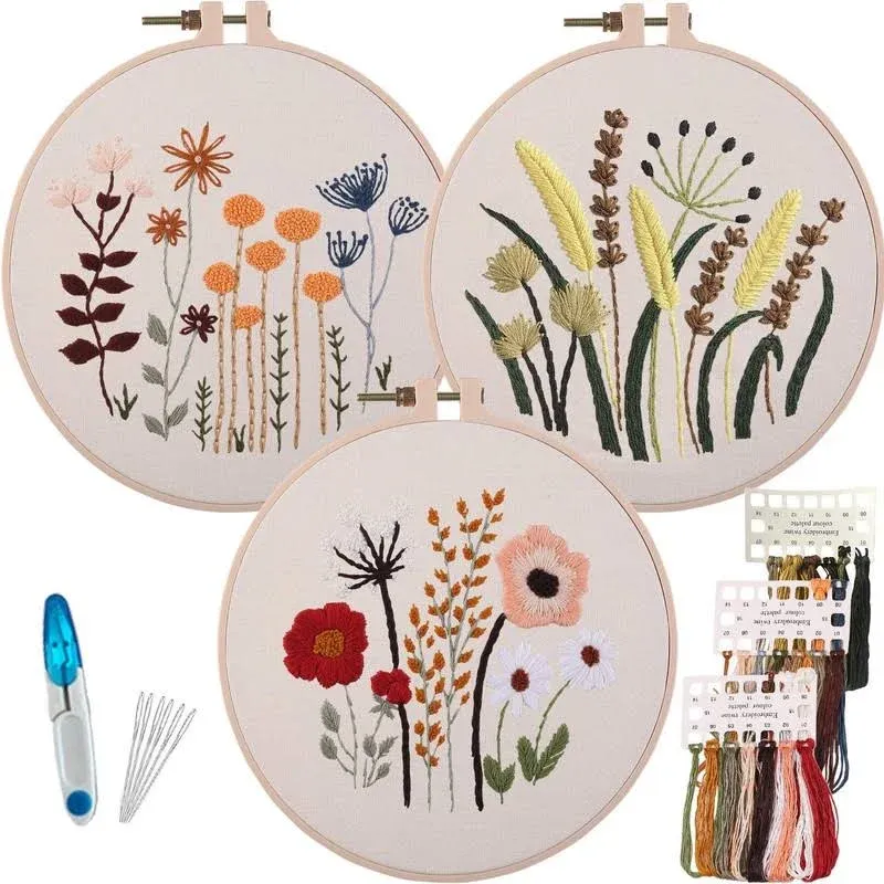 Myfelicity 3 Sets of Beginner Embroidery Kits, Embroidery Starter Kits, Adult Women’s Hobbies, Including Cloth with Floral Patterns, Colored Threads,