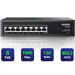 Aumox 8 Port Gigabit PoE Switch, 8 Port PoE 120W, Gigabit Ethernet Unmanaged Network Switch, Plug and Play, Sturdy Metal Housing, Traffic SG308P