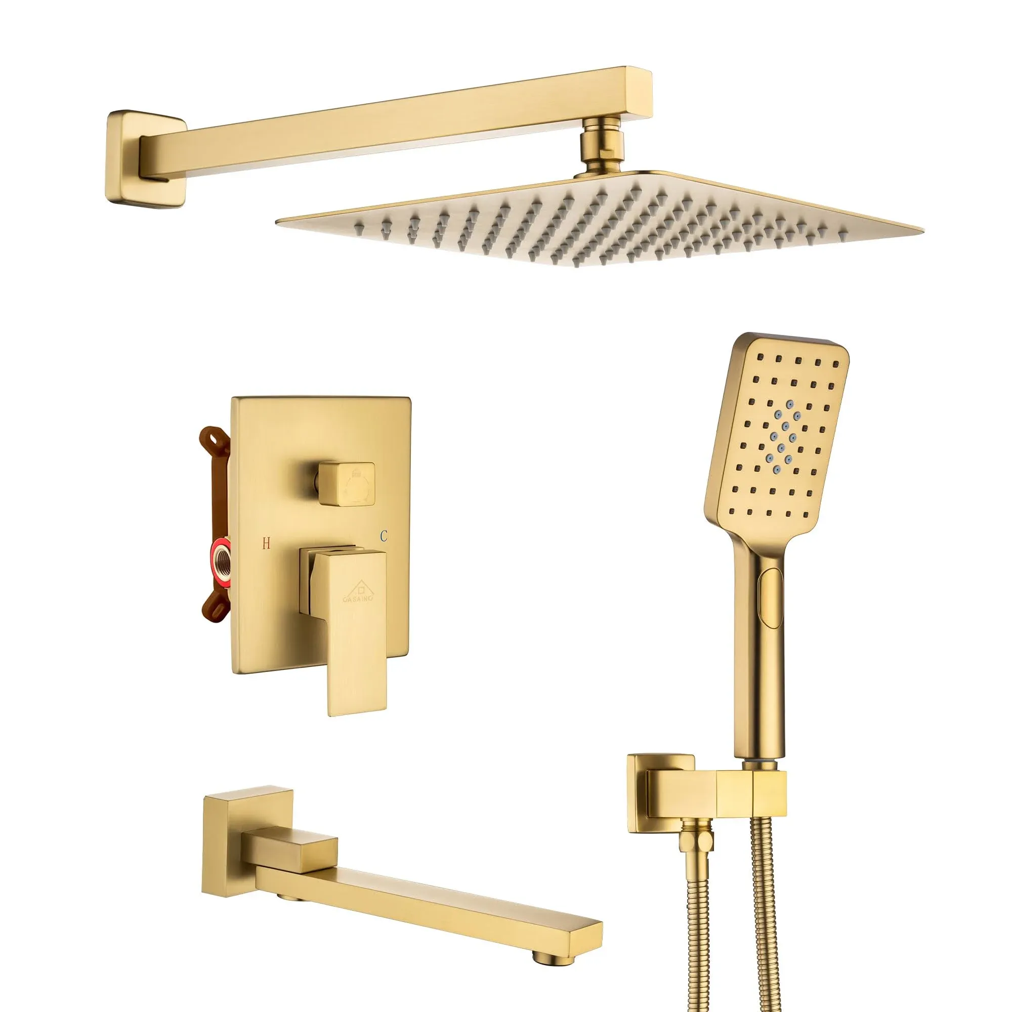 CASAINC Brushed Gold Dual Head Waterfall Shower Bar System with 3-way Diverter