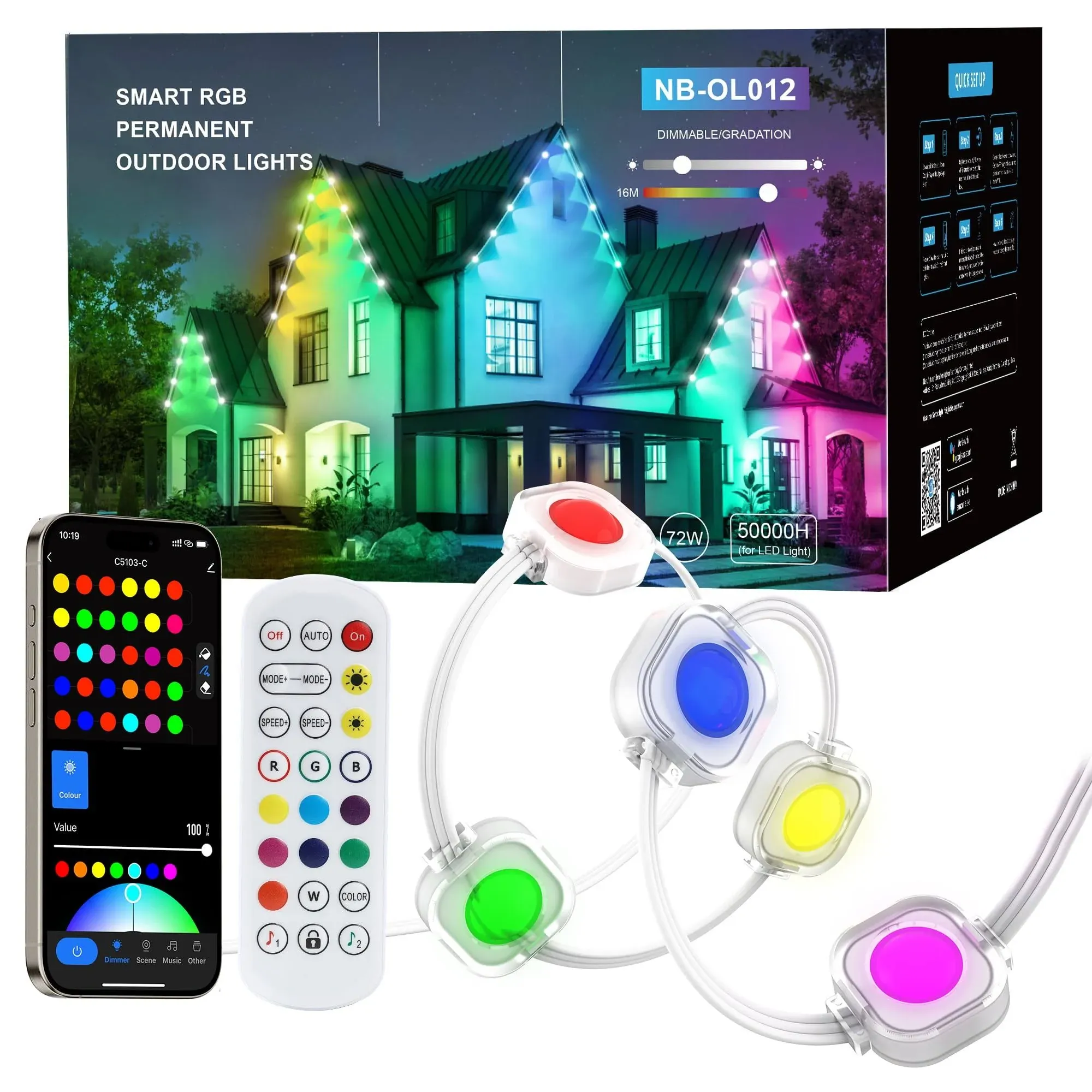 Permanent Outdoor Lights, 50ft Smart RGB+IC Outdoor Lights, IP67 Waterproof 48 LED Eaves Lights, Year-Round Outdoor Lighting for New Year, Holiday, Daily Lighting, Christmas, APP/Voice/Remote/Control