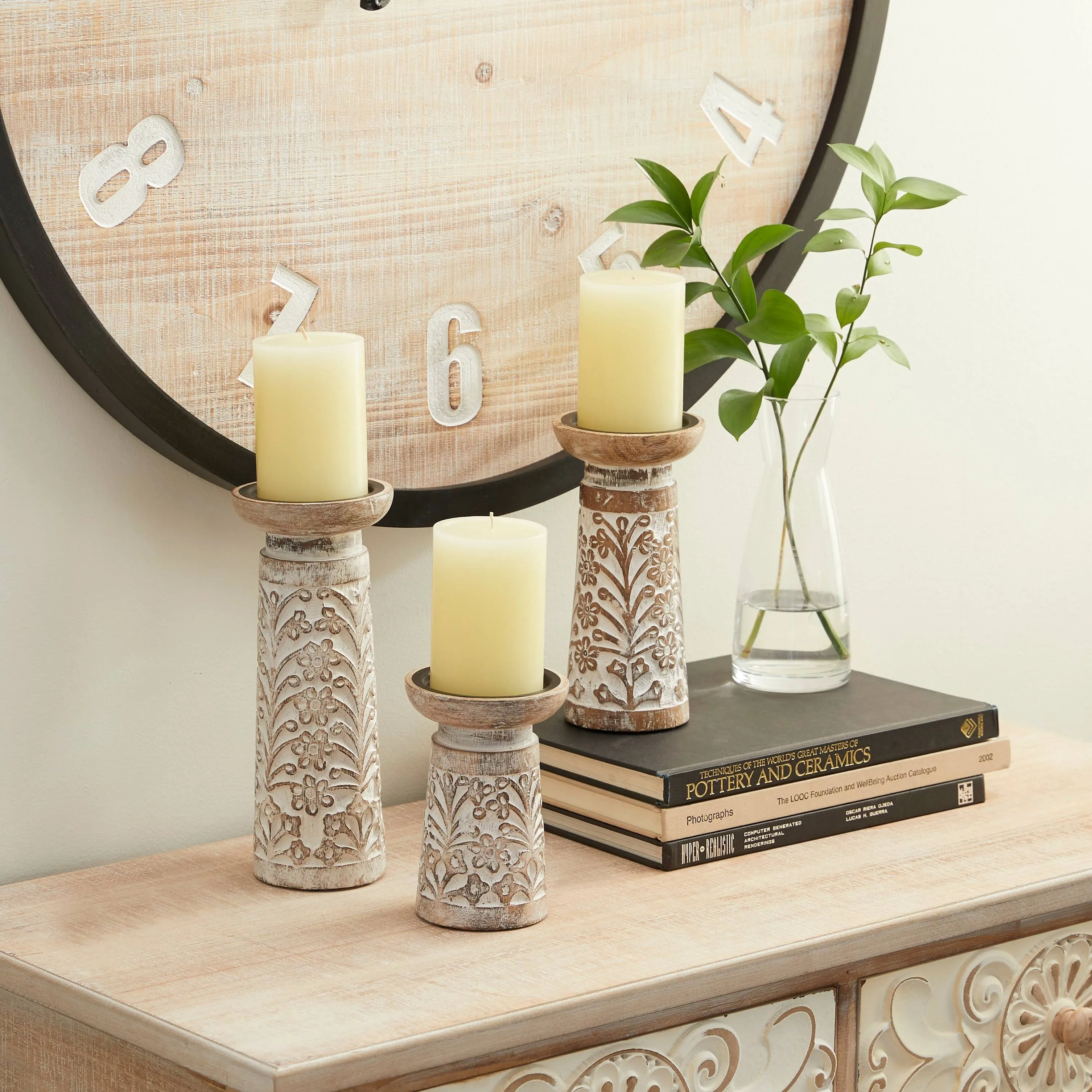 Light Brown Mango Wood Handmade Floral Carved Pillar Candle Holder (Set of 3)