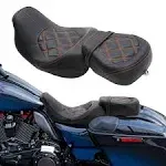 Two Pieces 2-Up Motorcycle Driver Passenger Low Profile Leather Seat For Harley Davidson Touring Road King Street Glide Electra Glide Road Glide 2009-2023