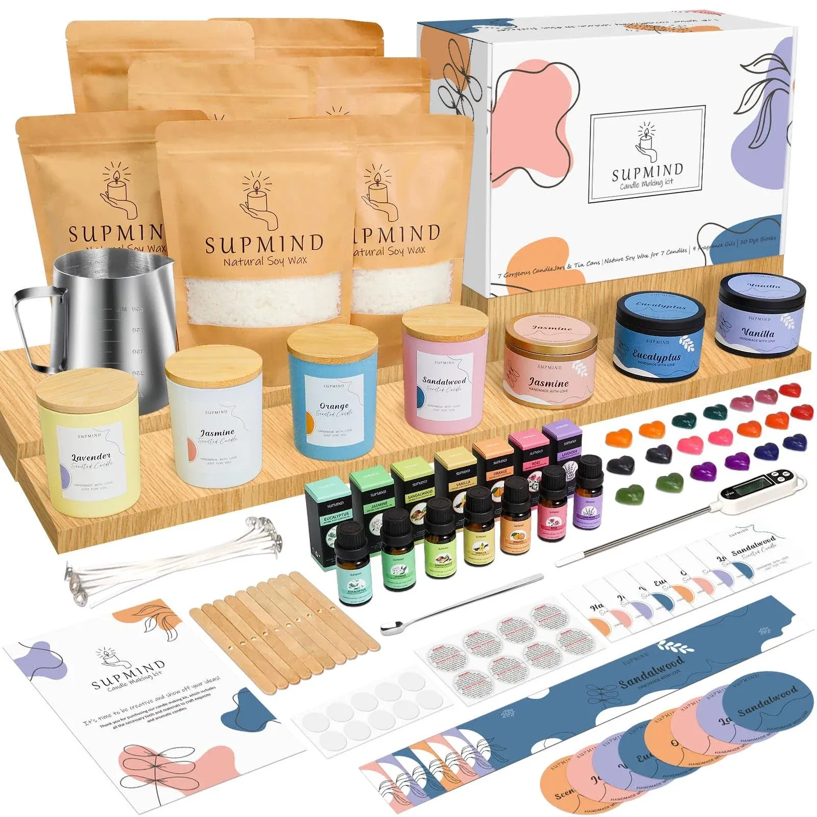 SUPMIND Candle Making Kit for Adults - Candle Making Supplies for Candle Making Starter Kits with Soy Wax, Big 7oz Jars & Tins, 9 Pleasant Scents, Color Dyes & More - Perfect for Home Decorations