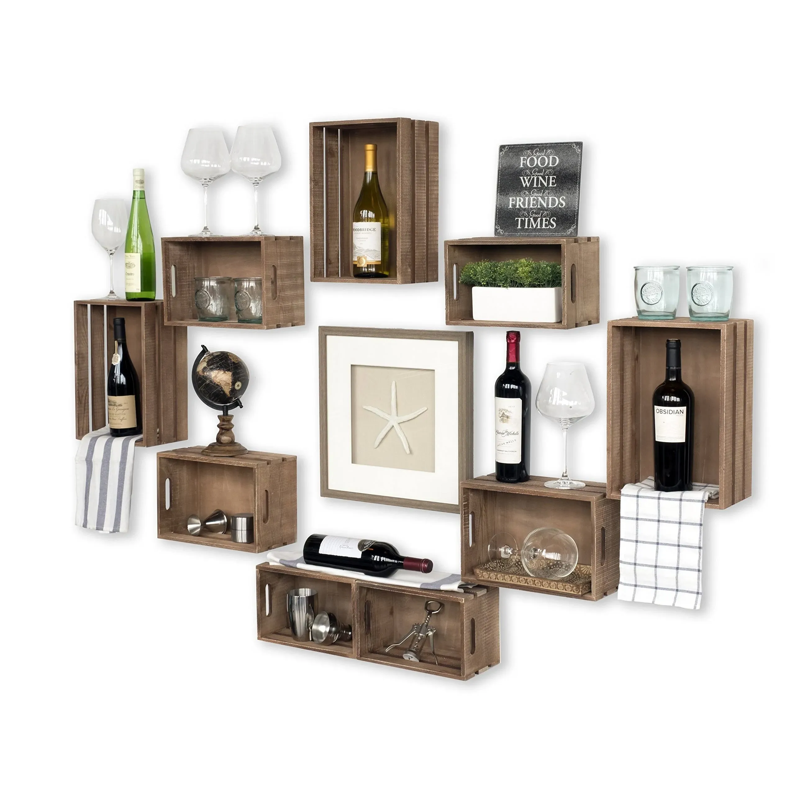 Wallniture Rustic Wine Rack Storage Baskets Wall Mount Wooden Crates Walnut Set of 9