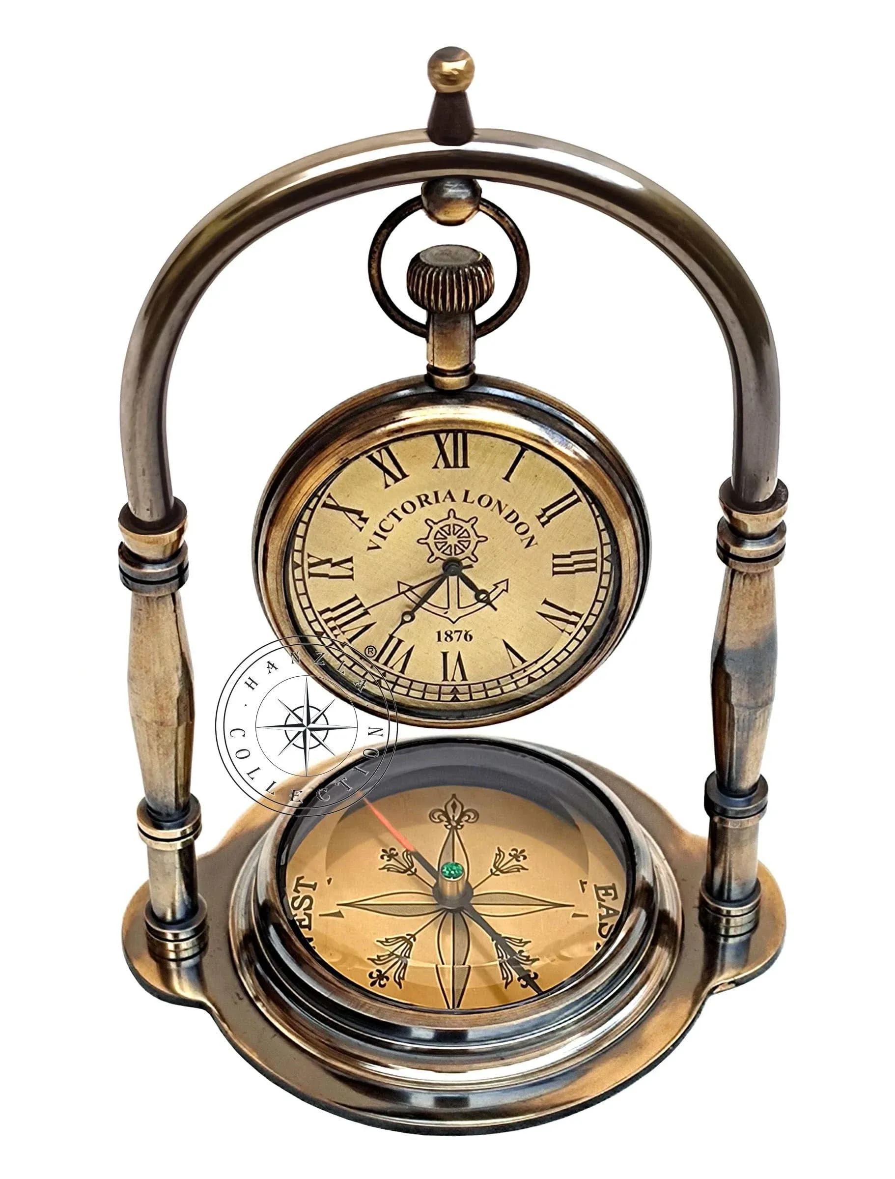 Hanzla Collection Maritime Compass Base Nautical Table Clock Ship's Clock Antique Brass Hanging Desk Clock Victoria London Pocket Watch Vintage