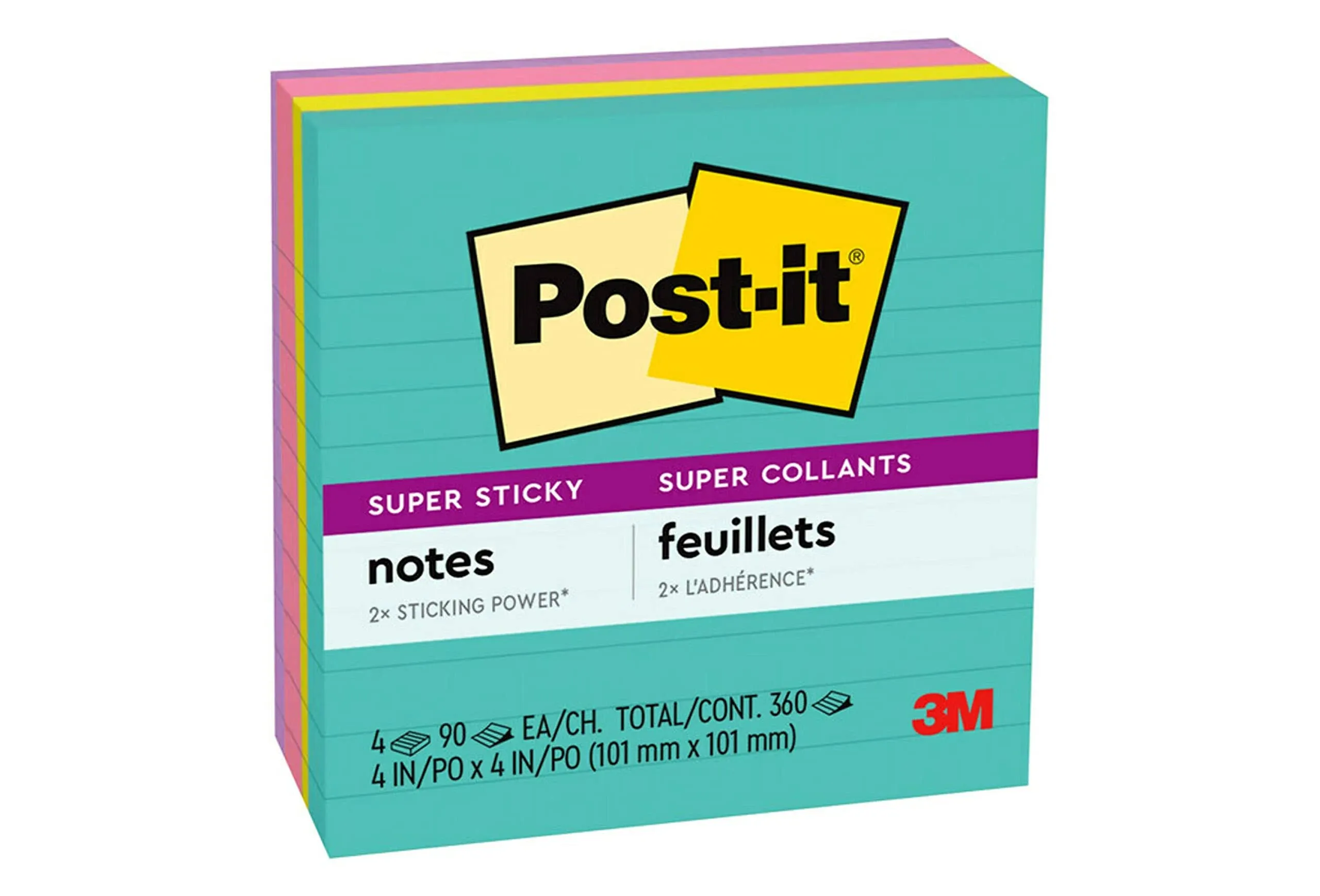 Post-it Super Sticky Notes 4"x4" 4/Pkg - Lined Miami w/90 Sheets