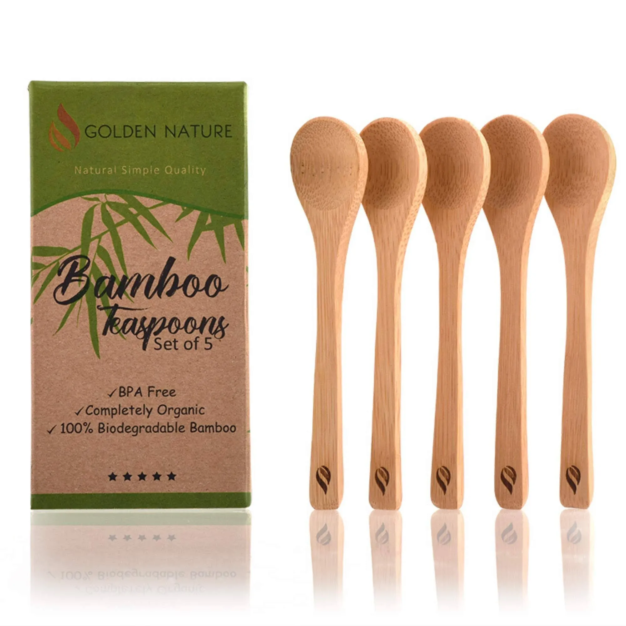 Bamboo Spoon Set (5 Pc), Small Kitchen Teaspoons, Tiny Wooden Spoons Perfect for Sugar, Spices, Seasoning, Coffee, Jam, Herbs, Honey & Dessert