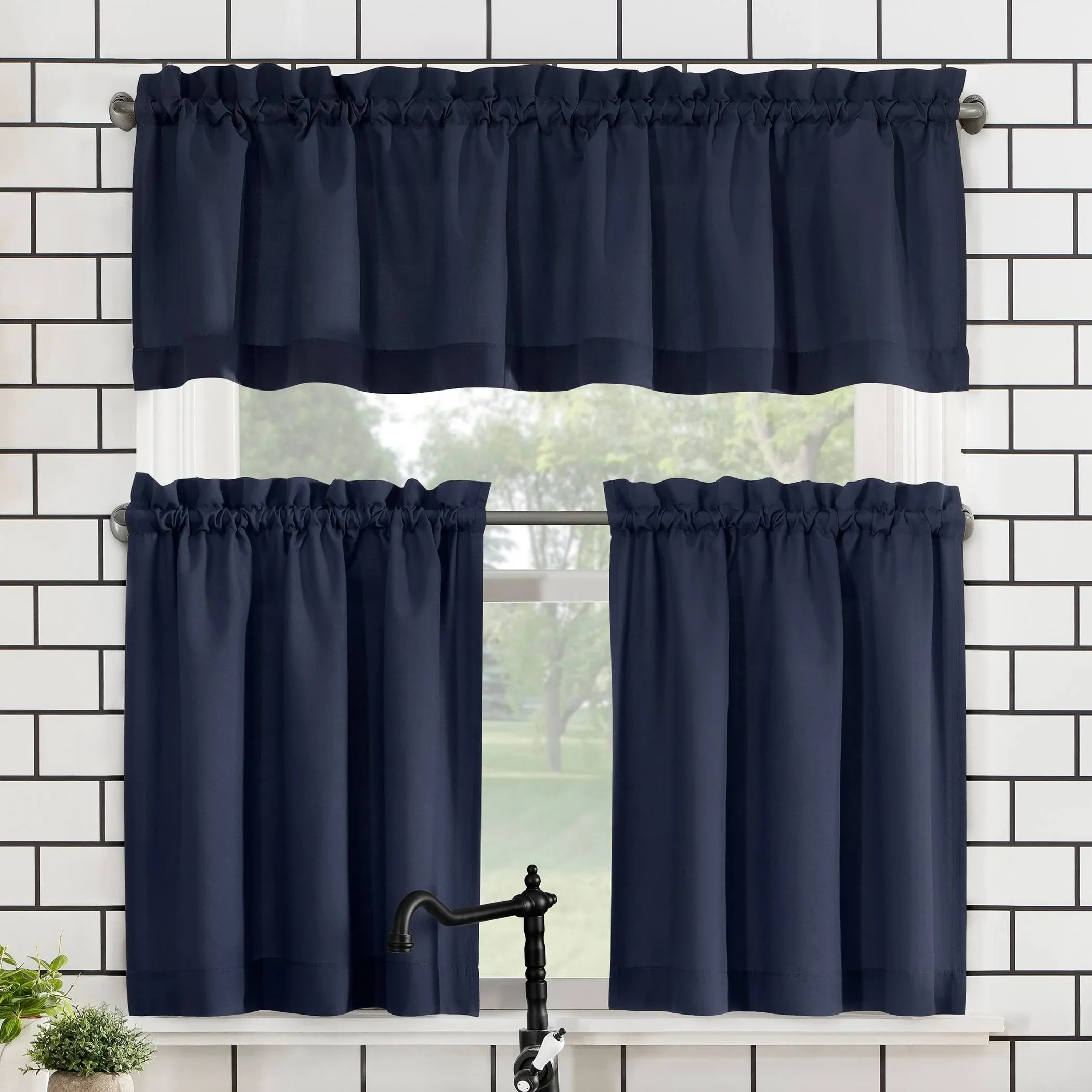 Martine Microfiber Semi-Sheer Rod Pocket Kitchen Curtain Valance and Tiers Set