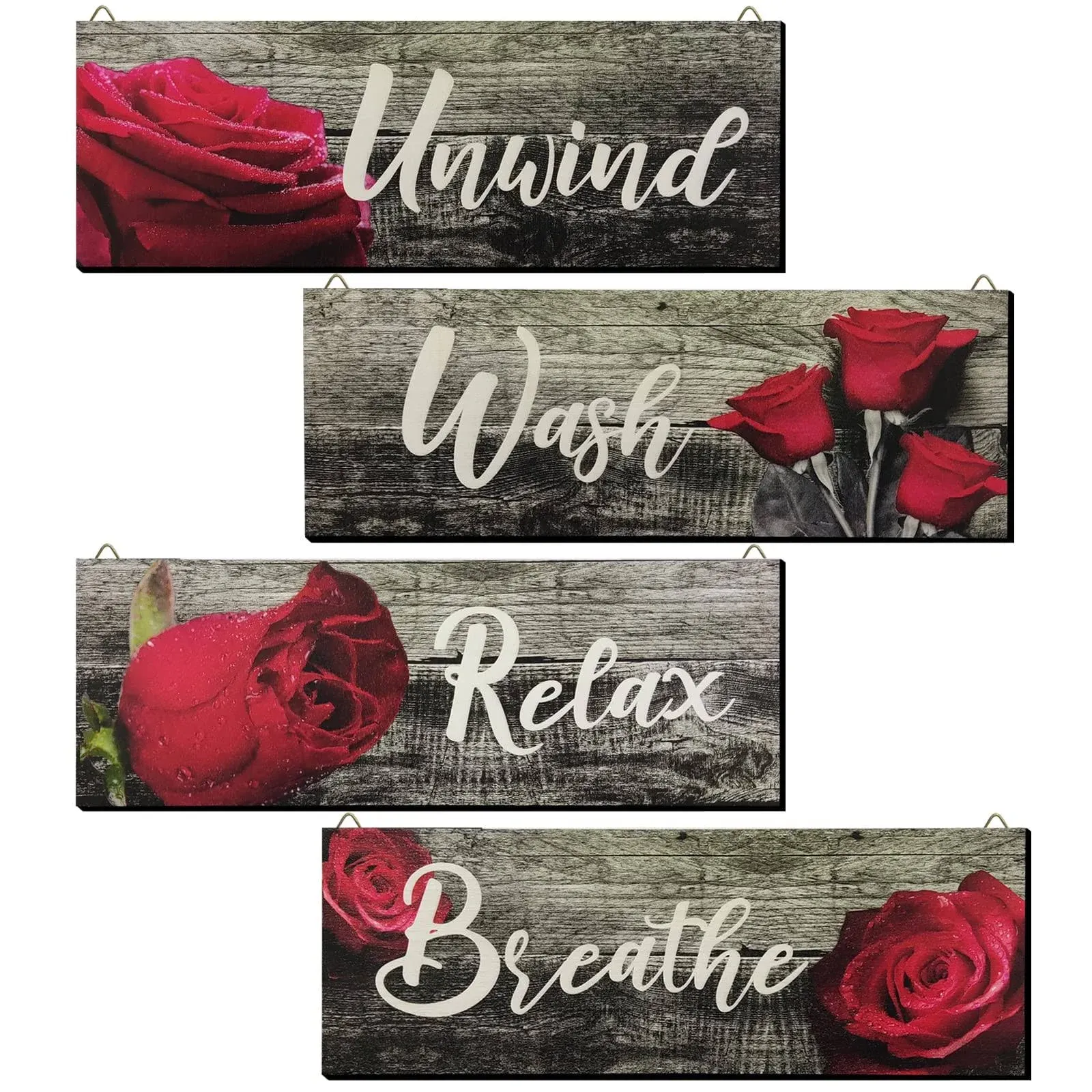 QMET 4 Pcs Rose Red Bathroom Accessories Relax Soak Unwind Breathe Wall Art Farmhouse Rustic Wood Plaque Vintage Wooden Printed Sign Hanging Bathroom Spa Decor 10 x 4 Inch