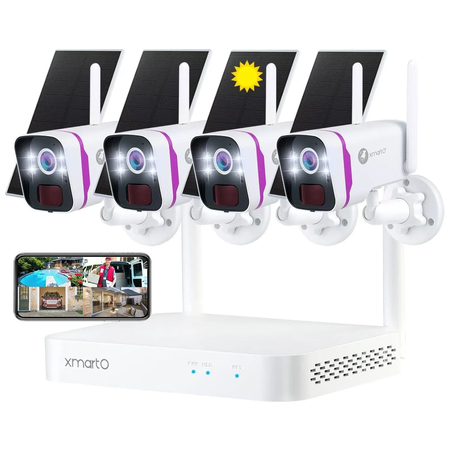 XMARTO 100% Wire-Free Solar Home Security Camera System Wireless, 4-Set 2K 4MP ...