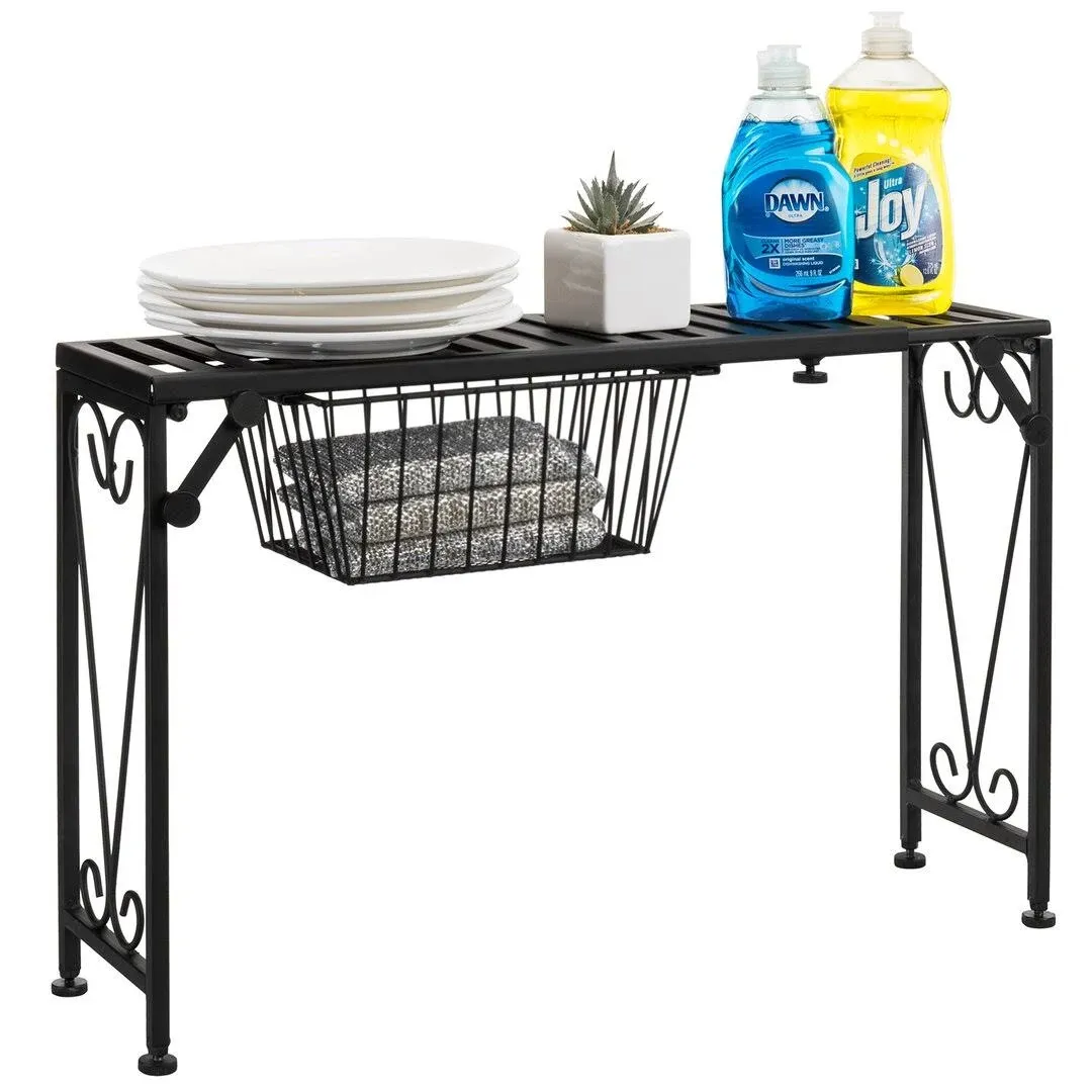 MyGift Black Metal Over The Sink Organizer Shelf with Pull Out Drawer, Expandable Kitchen Caddy Rack, Bathroom Storage Shelf Riser with Scrollwork Design