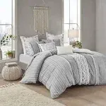 INK+IVY Comforter for Queen Size Bed, Chenille Tufted, Breathable Cotton Comforter Set Queen, All Season Modern Boho Comforter with Farmhouse Bedding Flare, 2 Matching Shams, Queen Gray 3 Piece