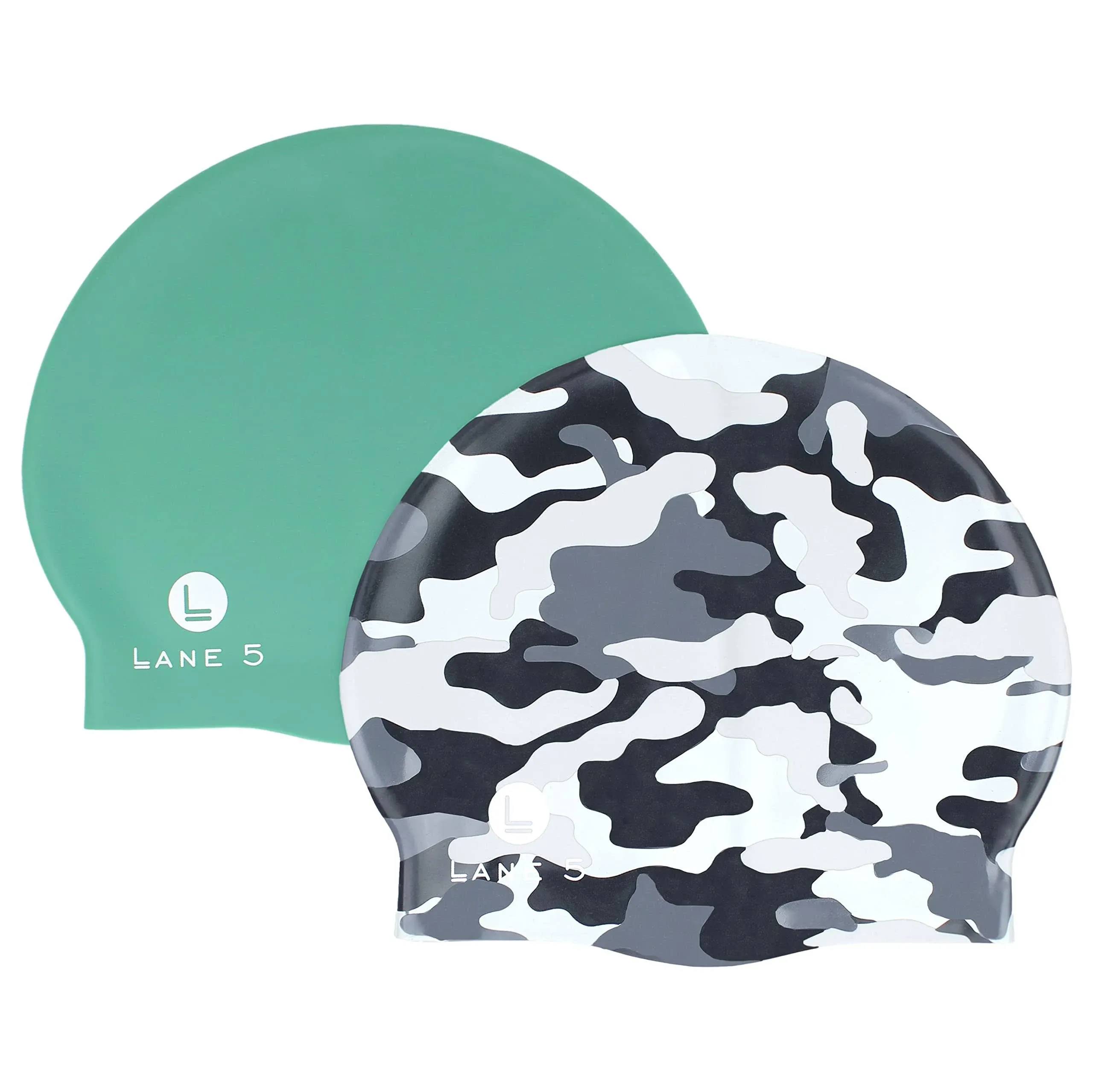 Lane5 Swim - 2-Pack Adult Silicone Swim Cap - Camo Print and Solid Green