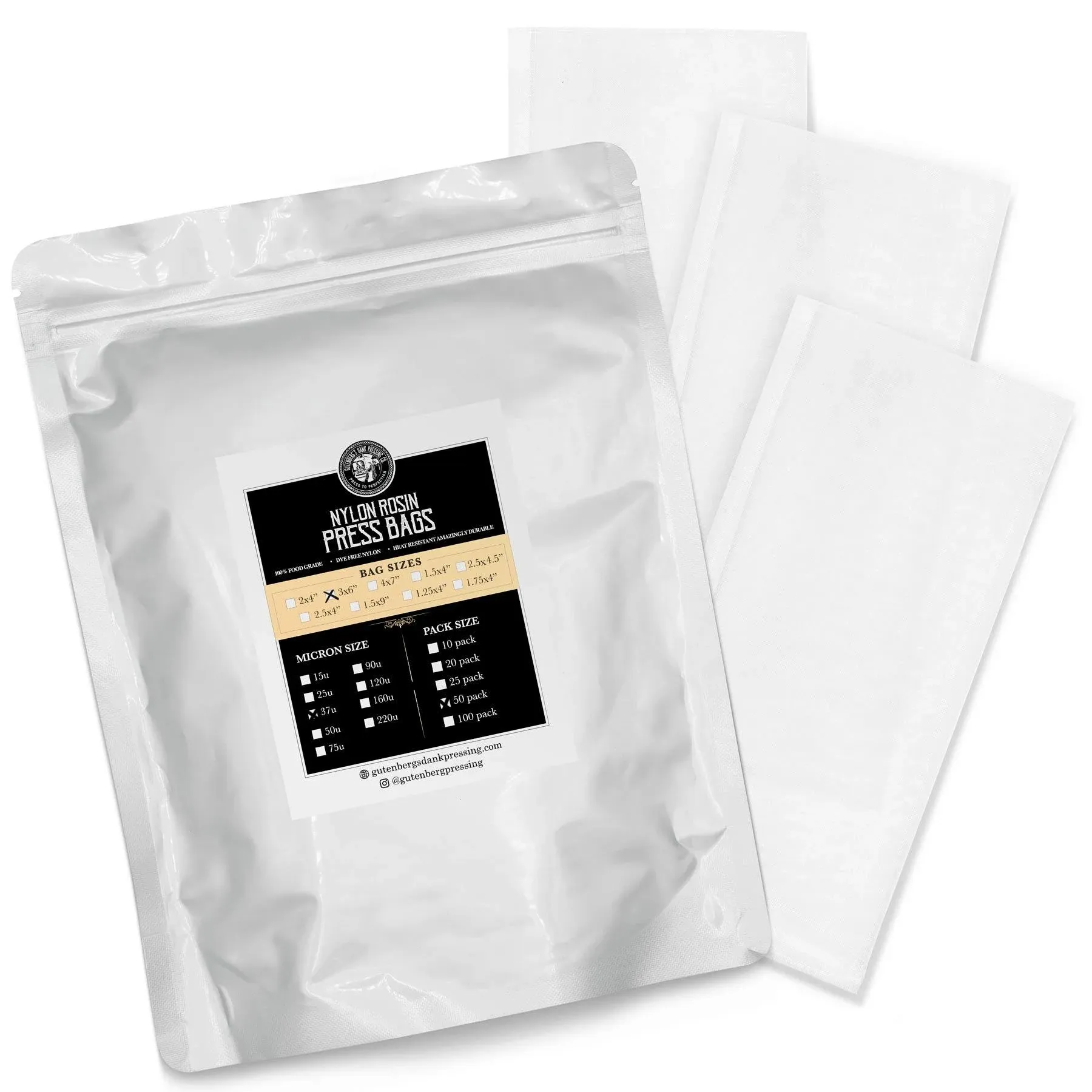 Gutenbergs Dank Pressing Co. 3 x 6 Rosin Bags 37 Micron - Pack of 50