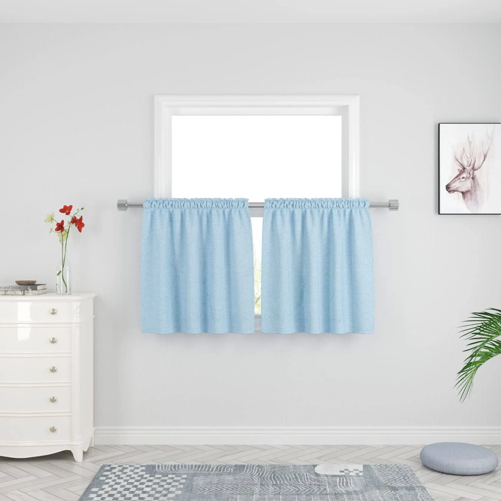 UPOPO Curtains Short Sky Blue Kitchen Tiers 24 Inches Long Over Sink Linen ...