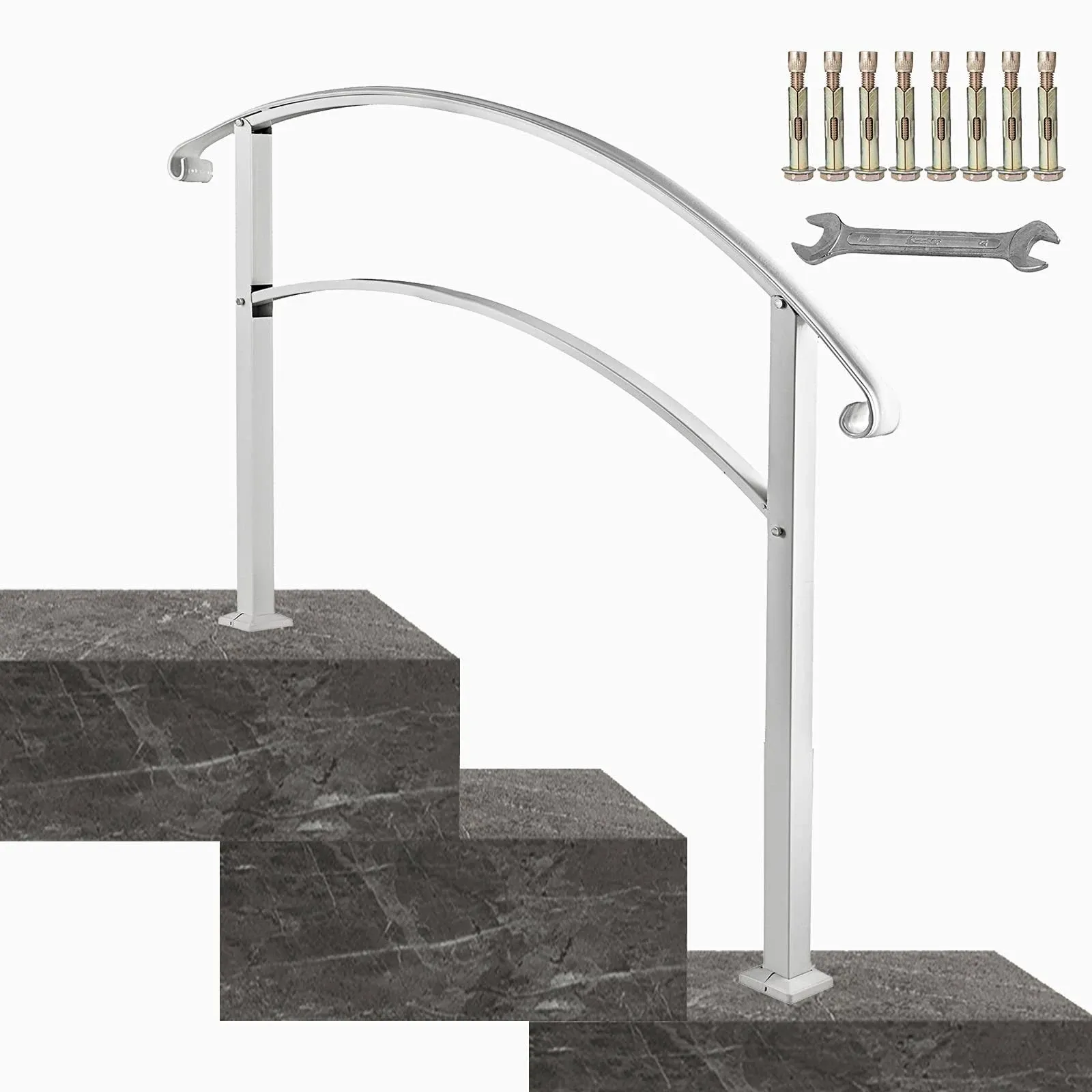 Happybuy Handrails for Outdoor Steps, Fit 1 or 3 Steps Outdoor Stair Railing, White Wrought Iron Handrail, Flexible Front Porch Hand Rail,