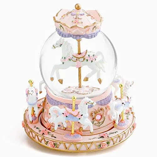 Mr.Winder Carousel Horses Music Box Snow Globe with Changeable Lights Unicorn ...