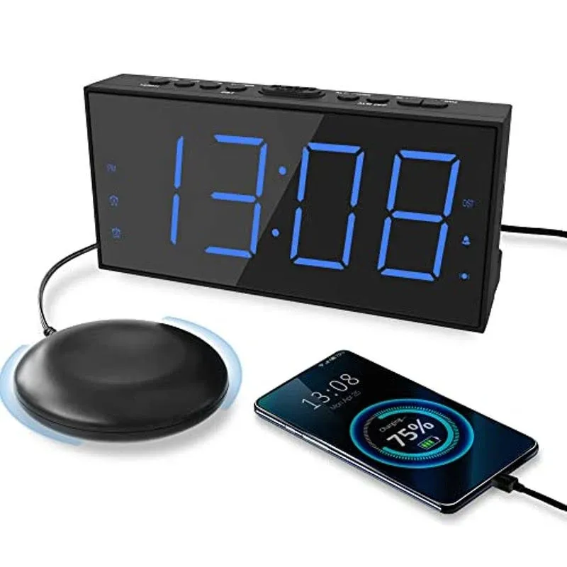 Dual Alarm Clock Super Loud Vibrating Bed Shaker Heavy Sleepers Big Display USB