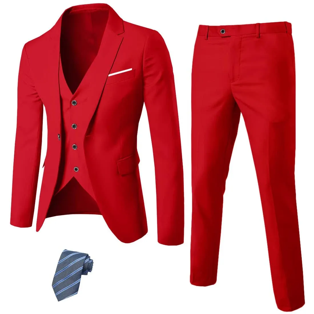 Mys Men's 3 Piece Slim Fit Suit Set, One Button Solid Jacket Vest Pants with Tie